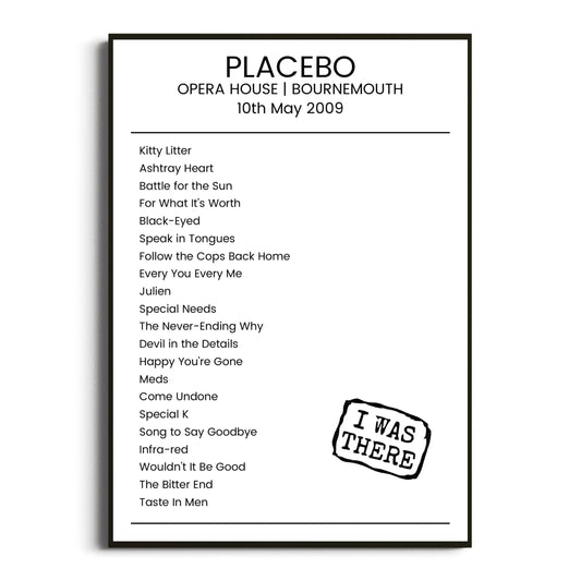 Placebo Bournemouth 10 May 2009 Setlist Poster