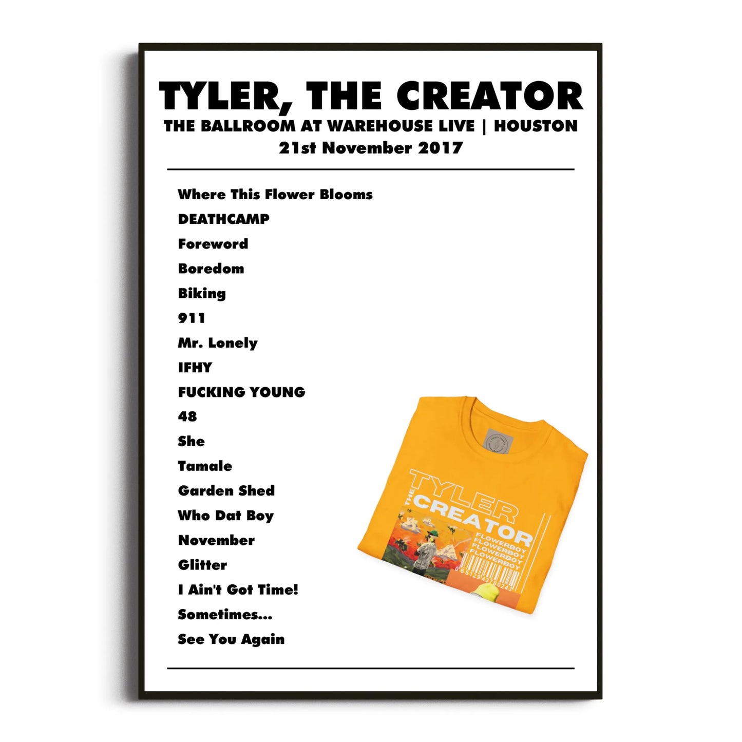 Tyler, The Creator Houston 21 November 2017 Setlist Poster