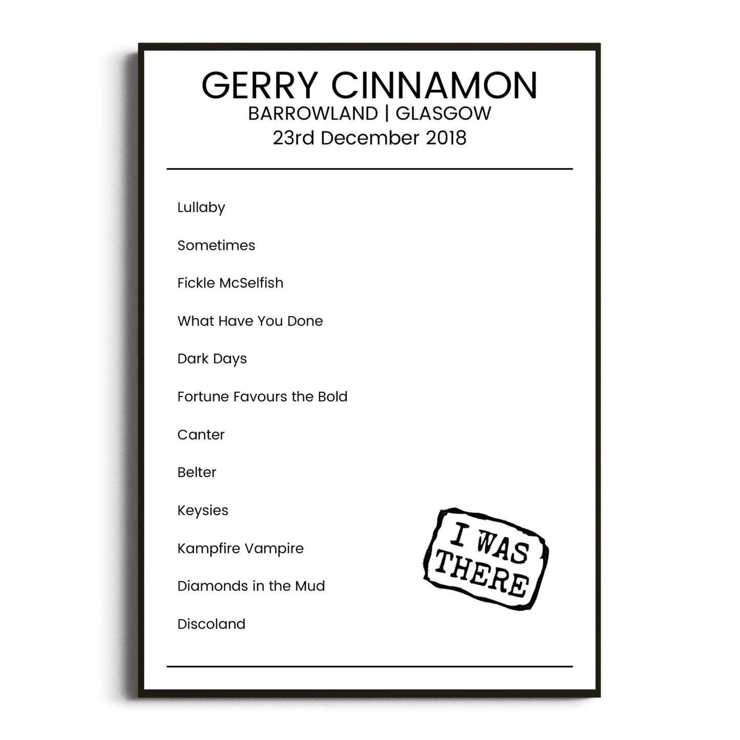 Gerry Cinnamon Glasgow 23 December 2018 Setlist Poster