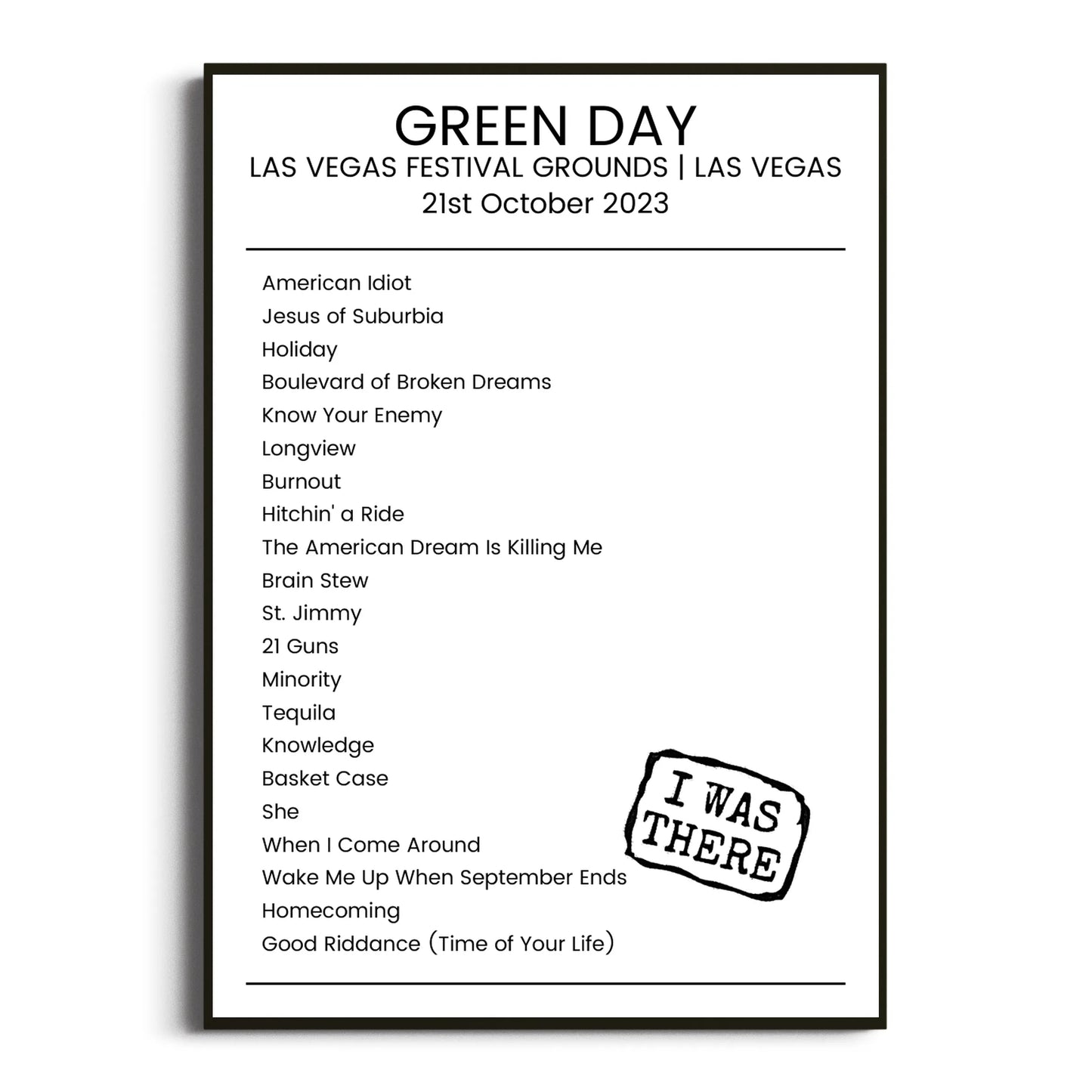 Green Day Las Vegas 21 October 2023 Setlist Poster