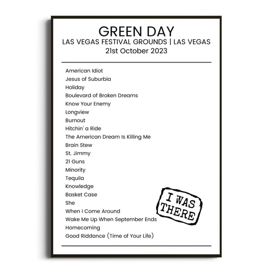 Green Day Las Vegas 21 October 2023 Setlist Poster