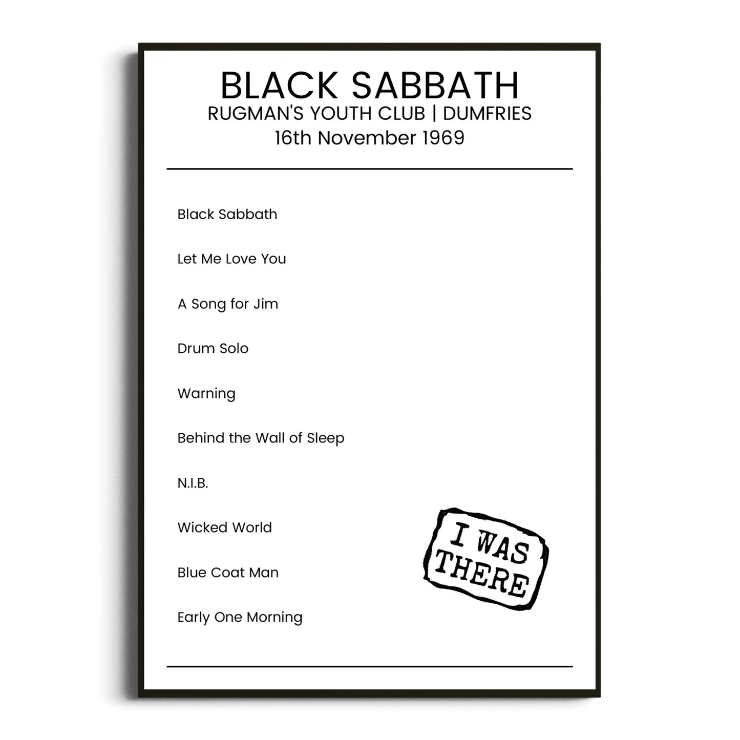 Black Sabbath Dumfries 16 November 1969 Setlist Poster