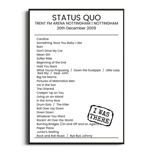 Status Quo Nottingham 20 December 2009 Setlist Poster