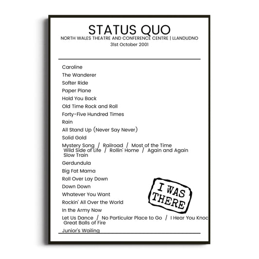 Status Quo Llandudno 31 October 2001 Setlist Poster