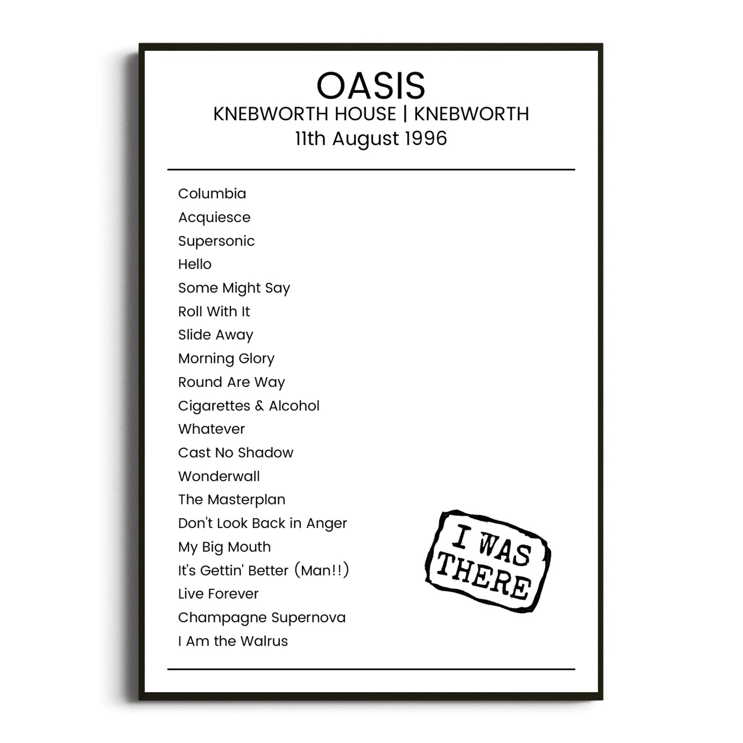 Oasis Knebworth 11 August 1996 Setlist Poster