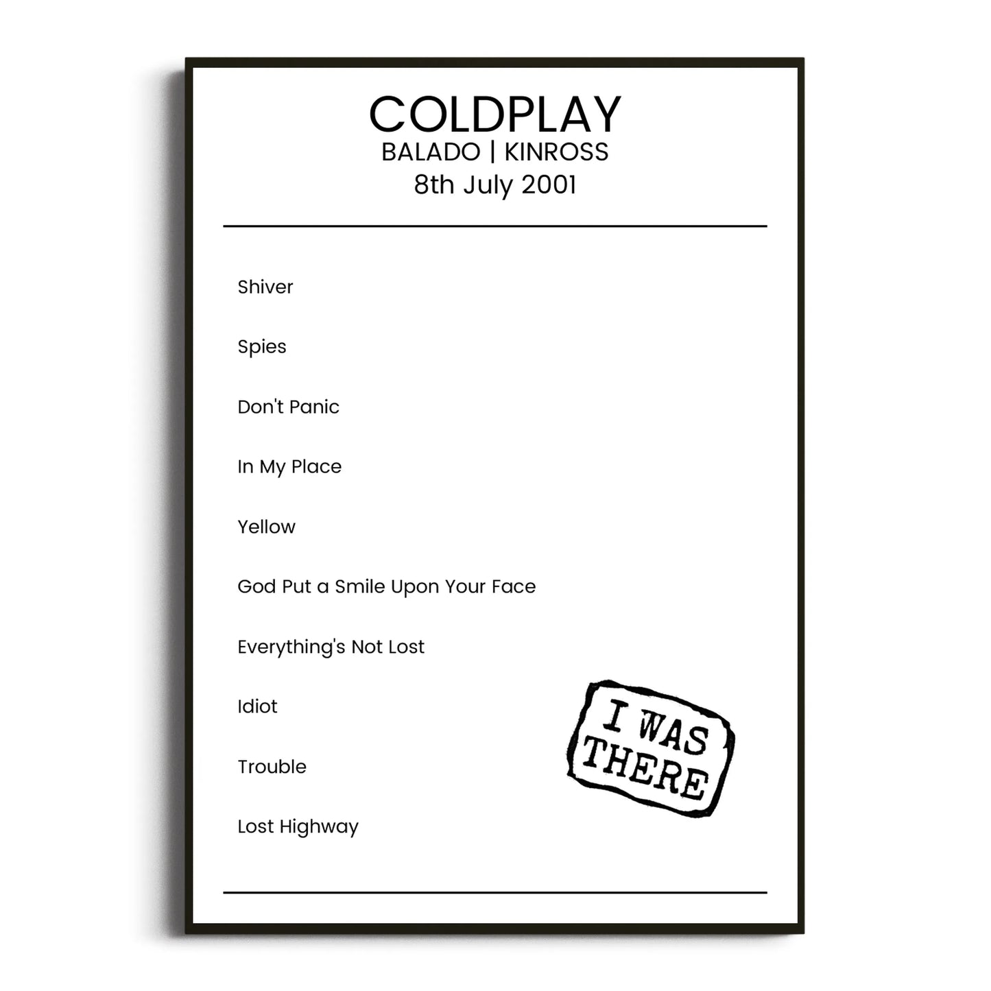 Coldplay Kinross 08 July 2001 Setlist Poster