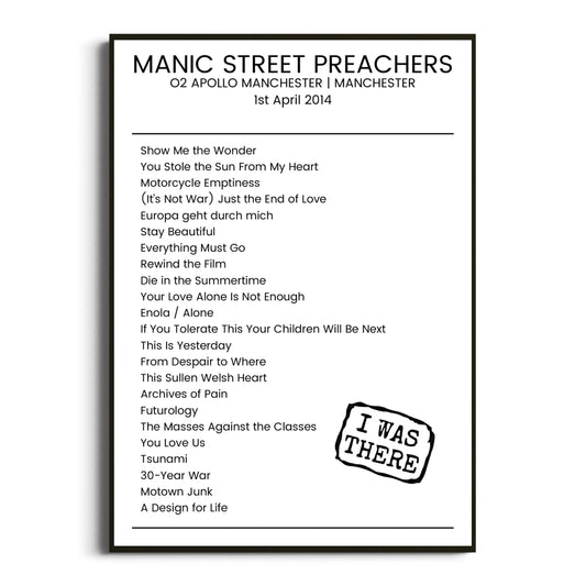 Manic Street Preachers Manchester 01 April 2014 Setlist Poster