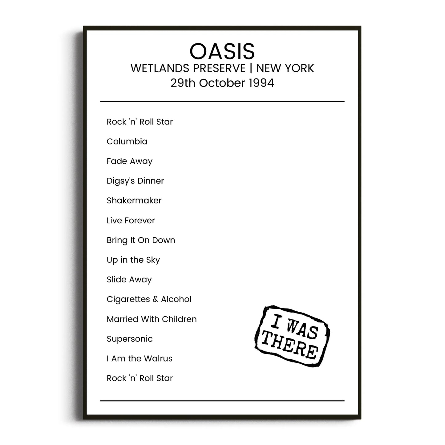 Oasis New York 29 October 1994 Setlist Poster