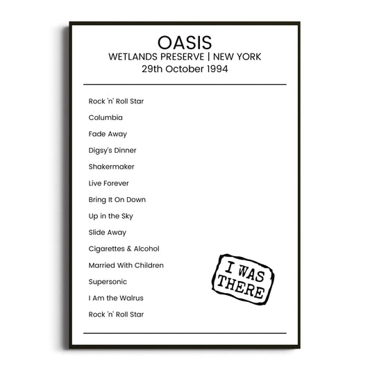 Oasis New York 29 October 1994 Setlist Poster