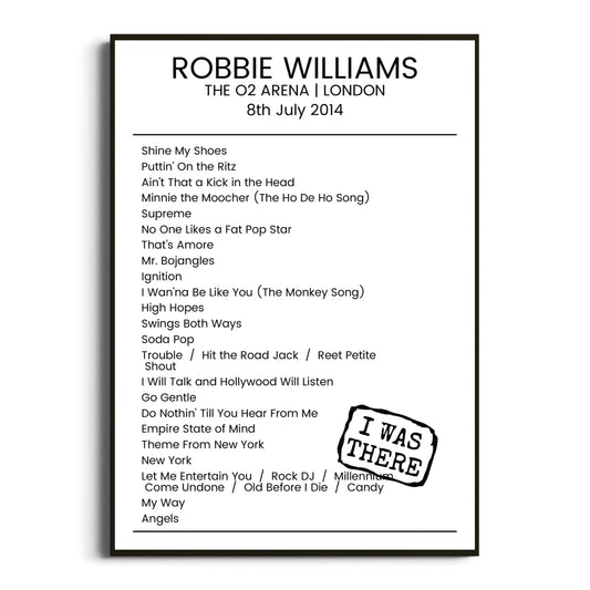 Robbie Williams London 08 July 2014 Setlist Poster