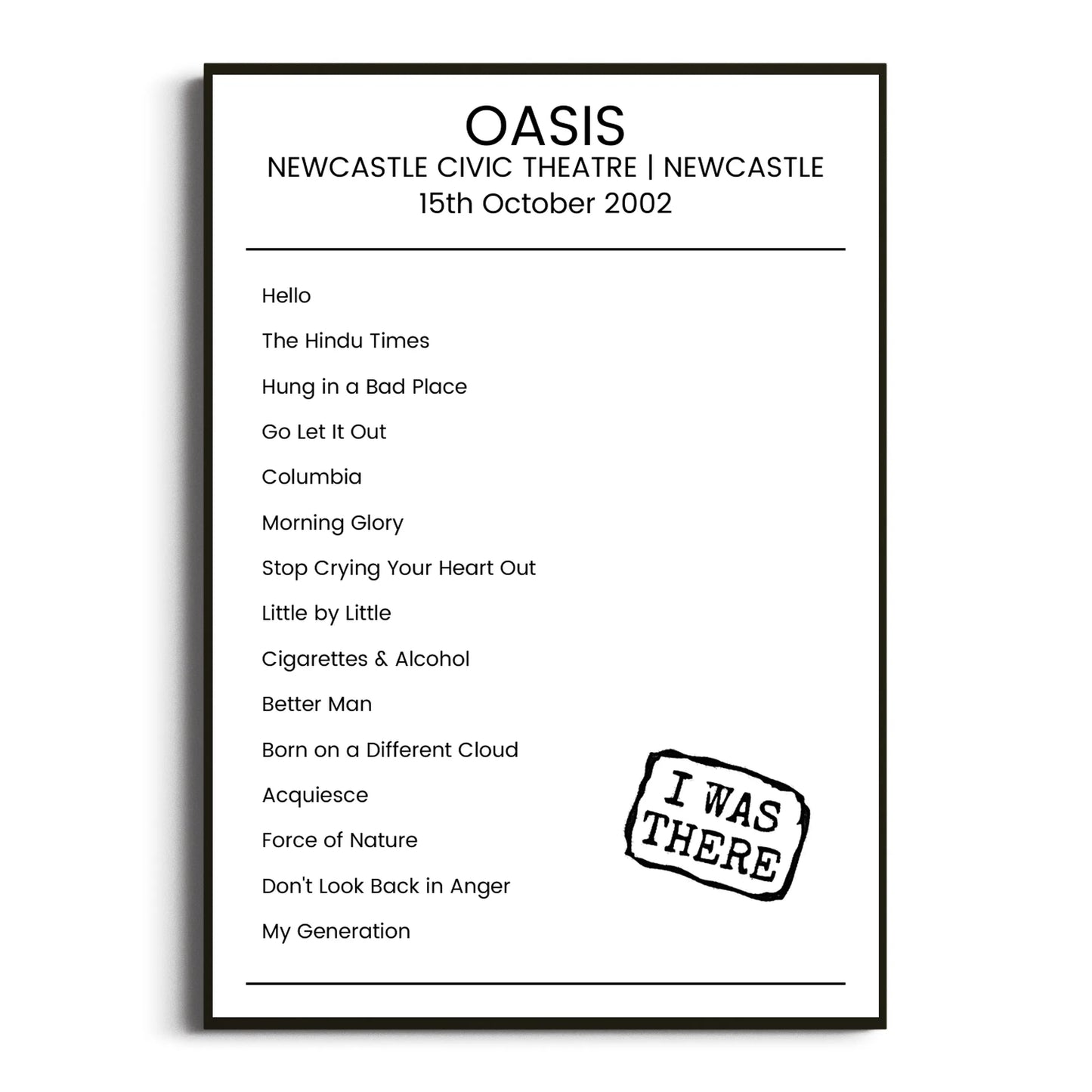 Oasis Newcastle 15 October 2002 Setlist Poster