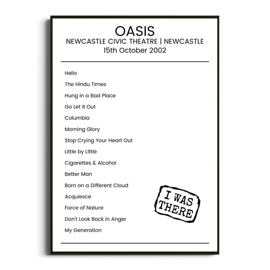 Oasis Newcastle 15 October 2002 Setlist Poster