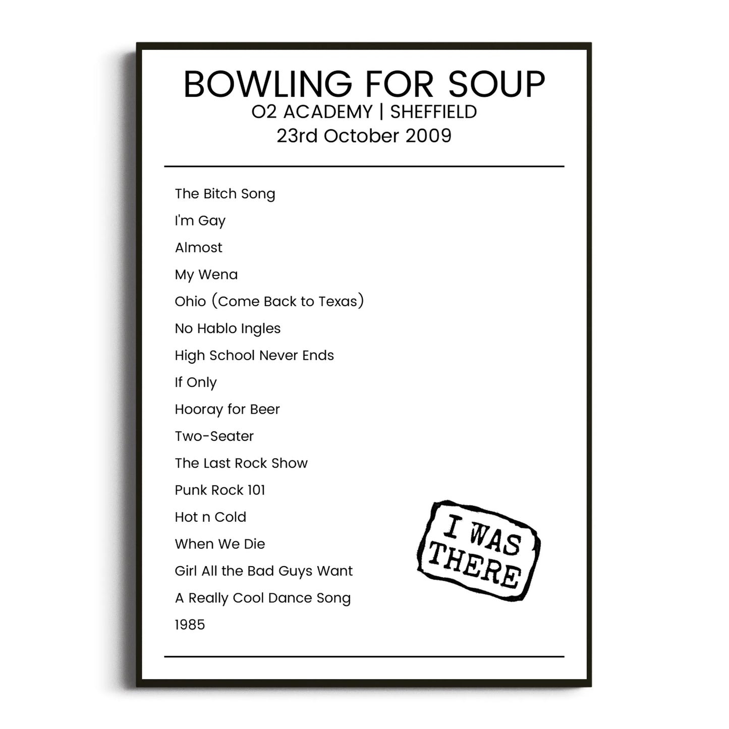 Bowling for Soup Sheffield 23 October 2009 Setlist Poster