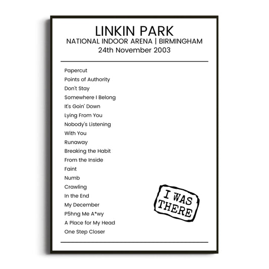 Linkin Park Birmingham 24 November 2003 Setlist Poster