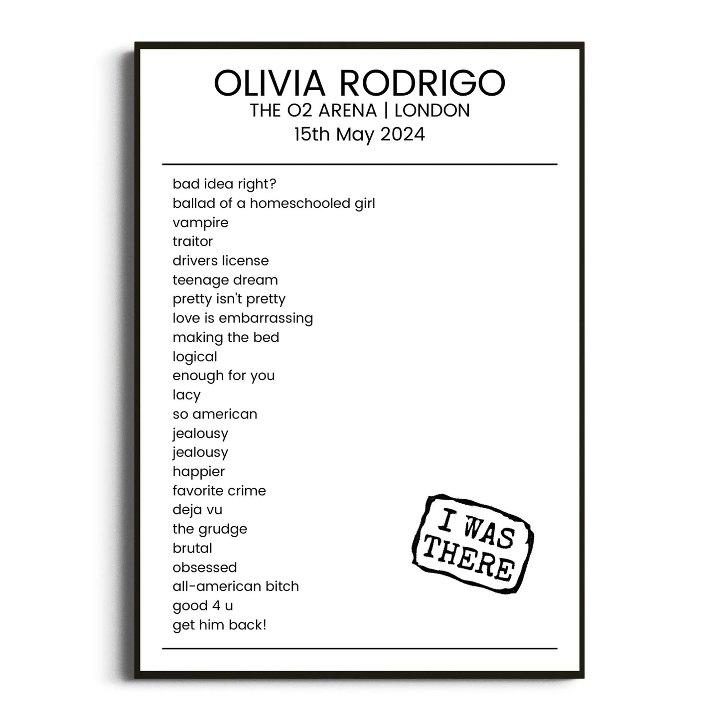 Olivia Rodrigo London 15 May 2024 Setlist Poster