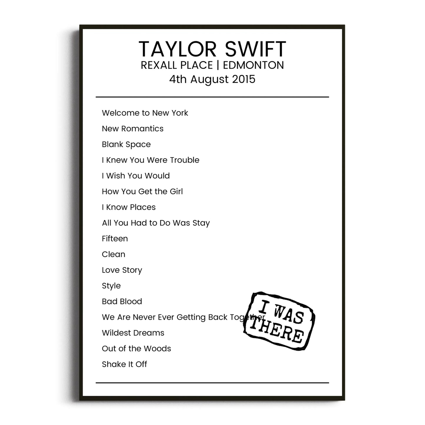 Taylor Swift Edmonton 04 August 2015 Setlist Poster