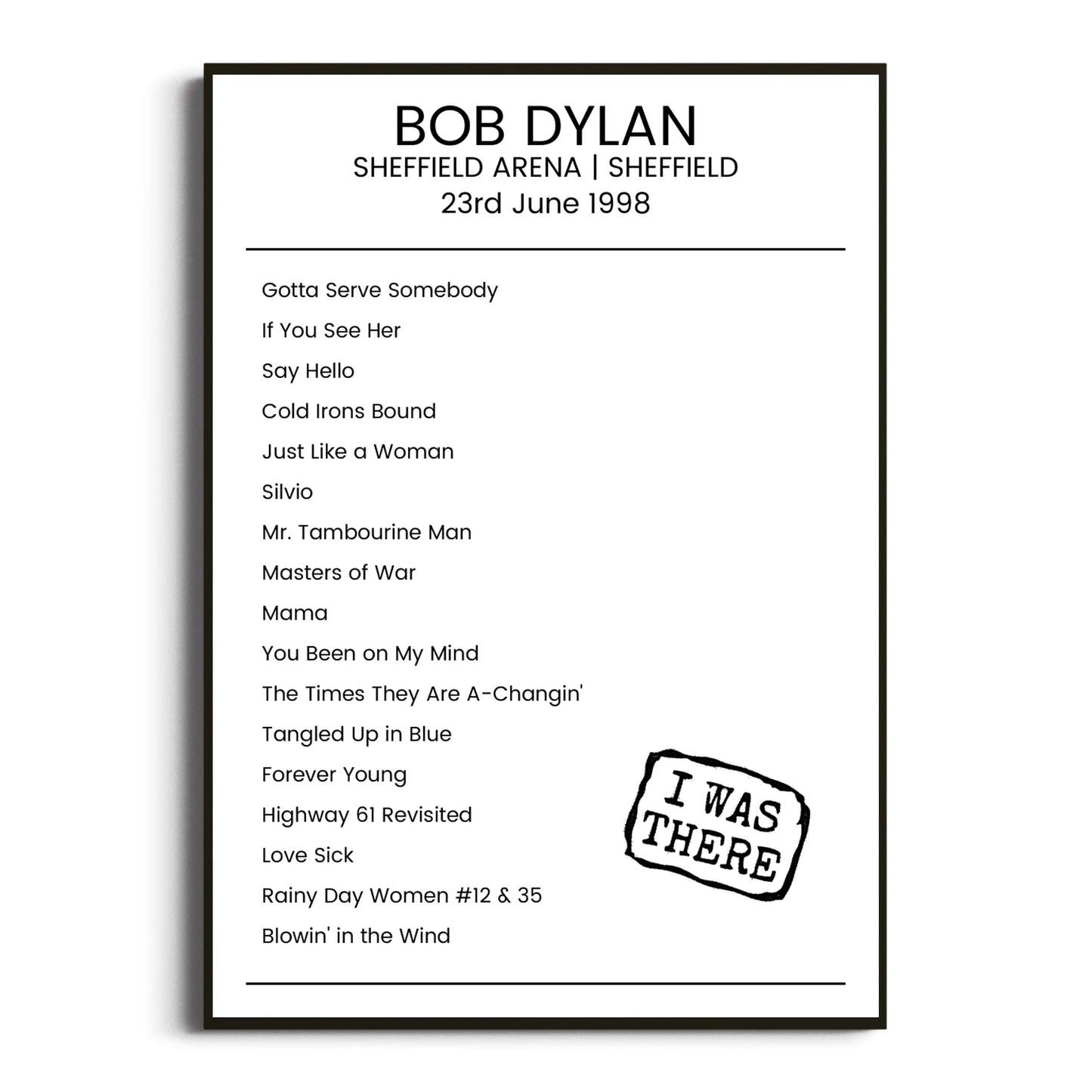 Bob Dylan Sheffield 23 June 1998 Setlist Poster