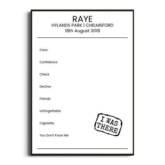 RAYE Chelmsford 18 August 2018 Setlist Poster