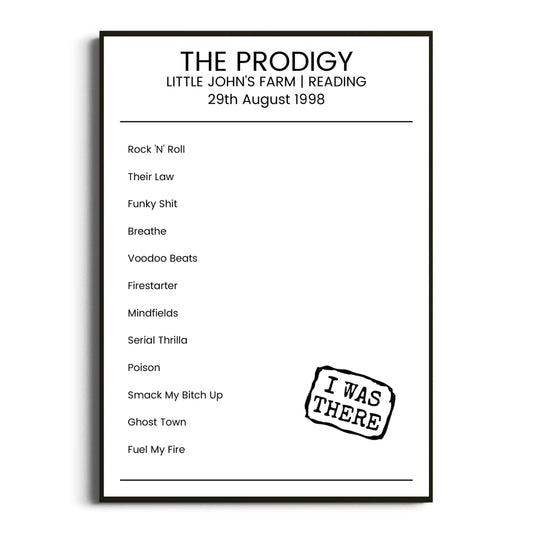 The Prodigy Reading 29 August 1998 Setlist Poster