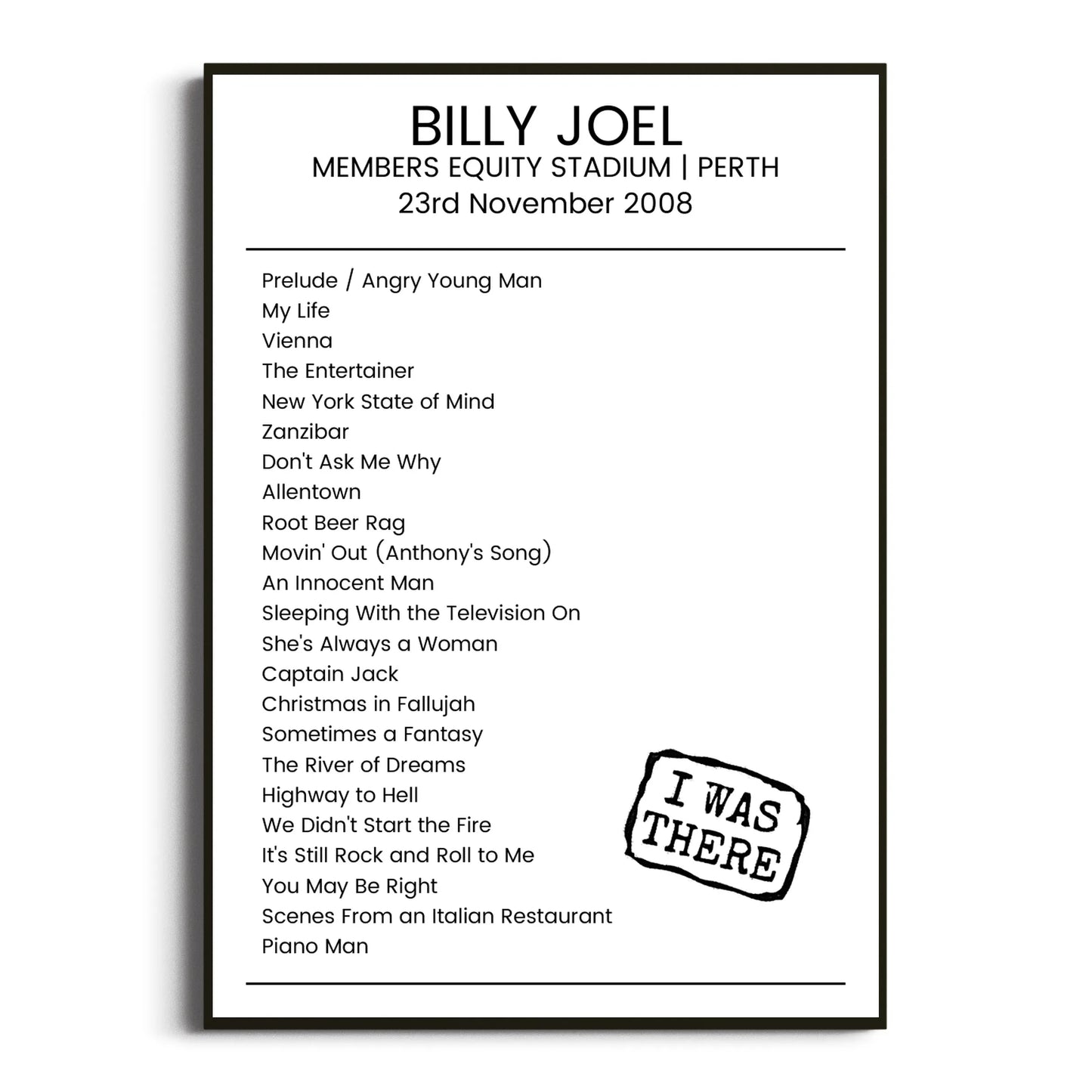 Billy Joel Perth 23 November 2008 Setlist Poster