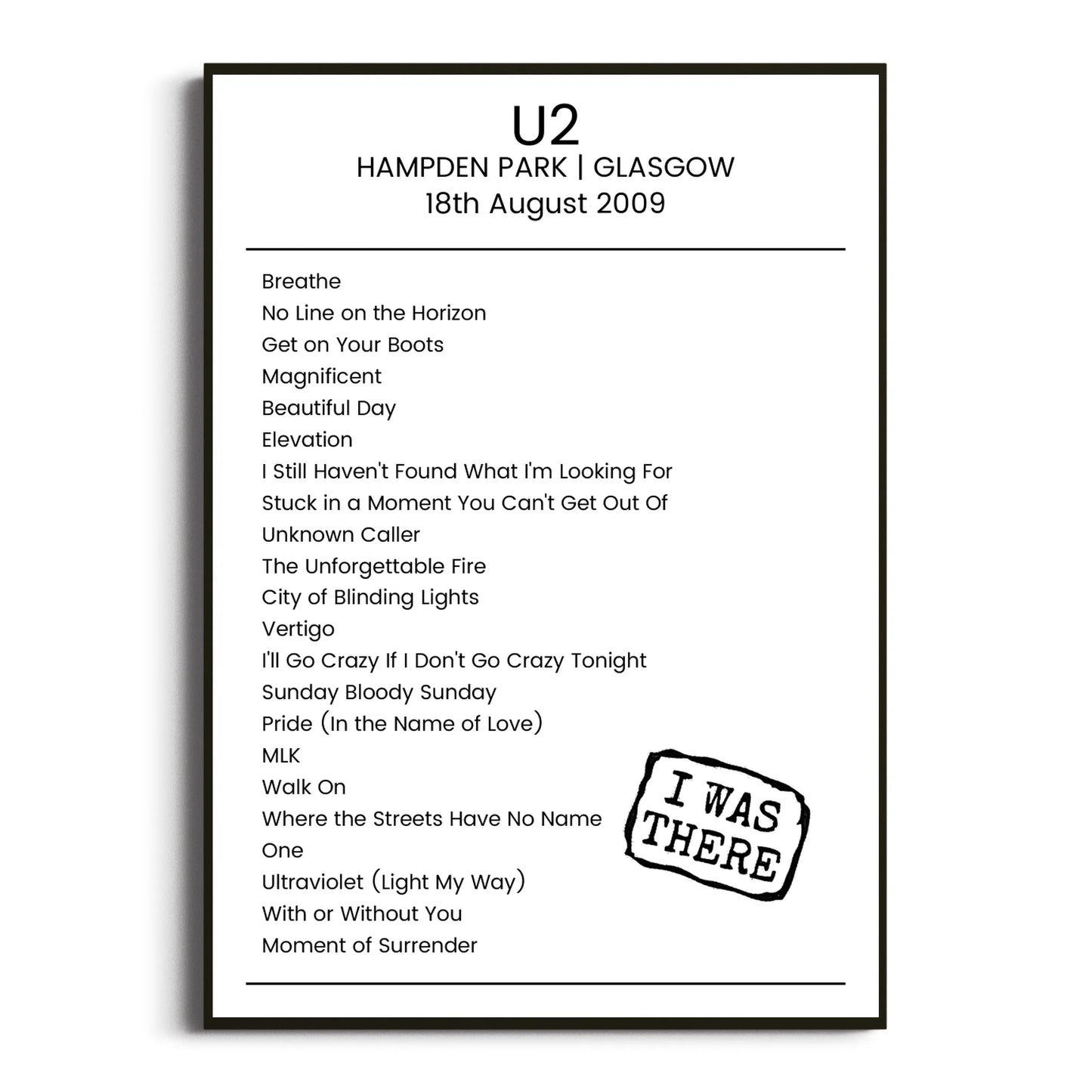 U2 Glasgow 18 August 2009 Setlist Poster