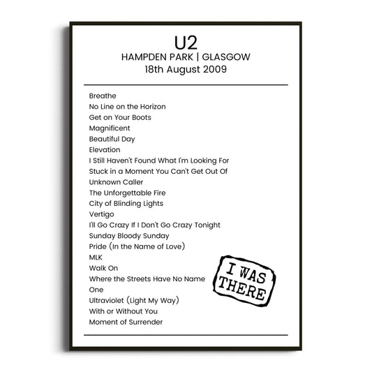 U2 Glasgow 18 August 2009 Setlist Poster