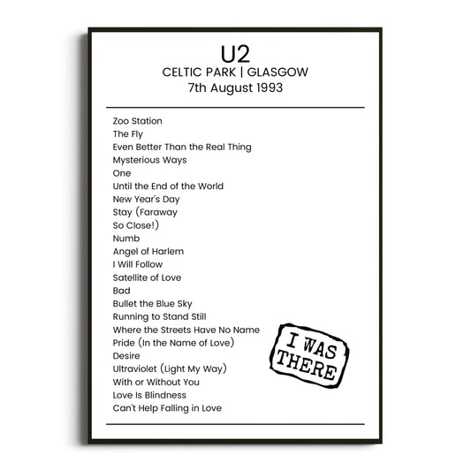 U2 Glasgow 07 August 1993 Setlist Poster