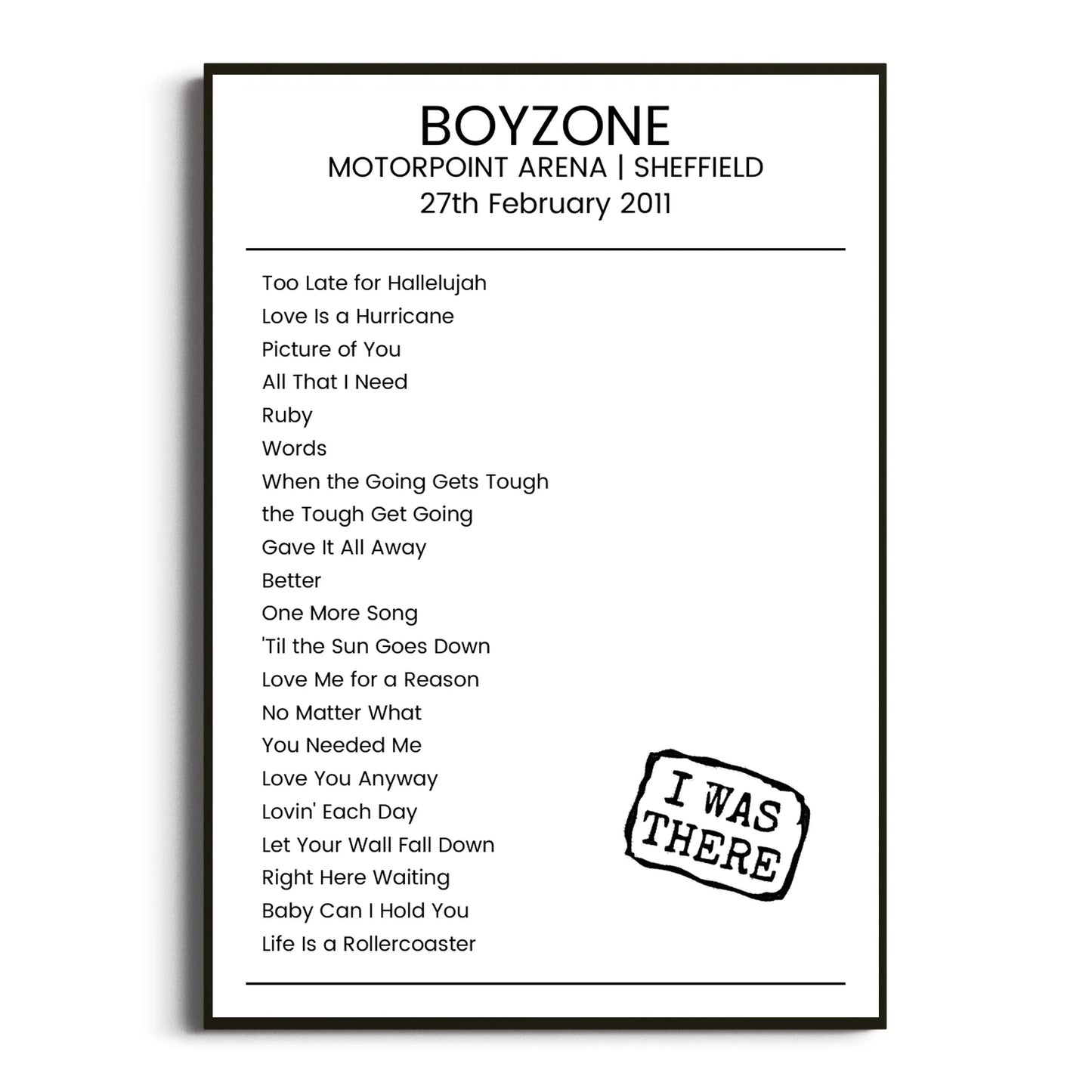 Boyzone Sheffield 27 February 2011 Setlist Poster