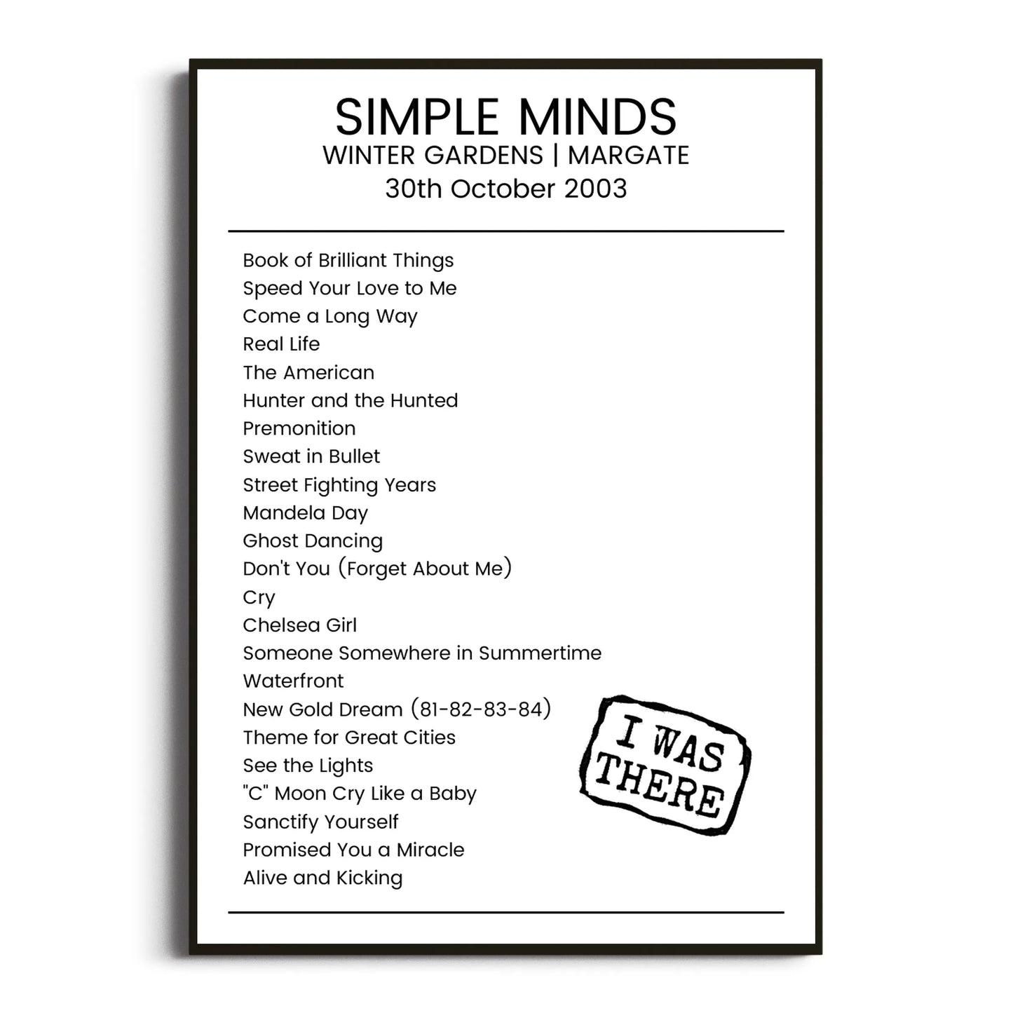 Simple Minds Margate 30 October 2003 Setlist Poster