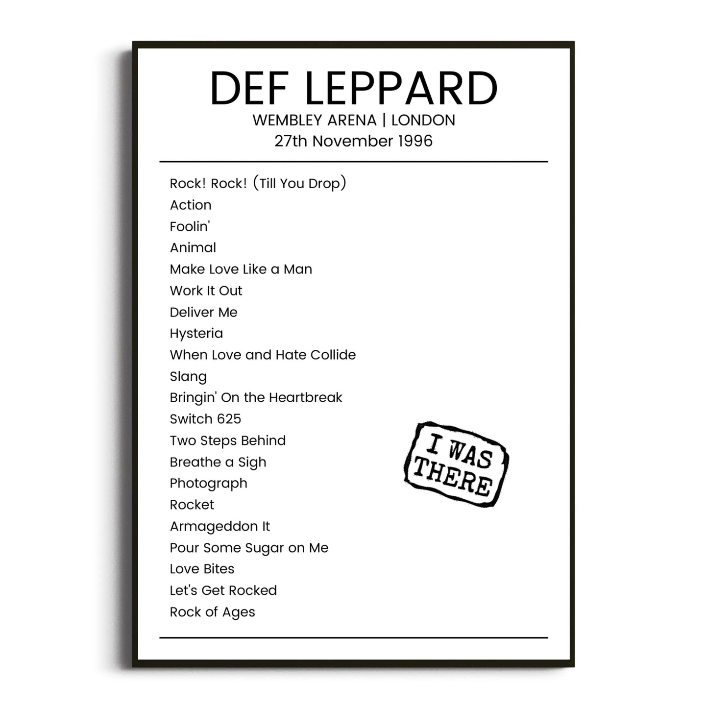 Def Leppard London 27 November 1996 Setlist Poster