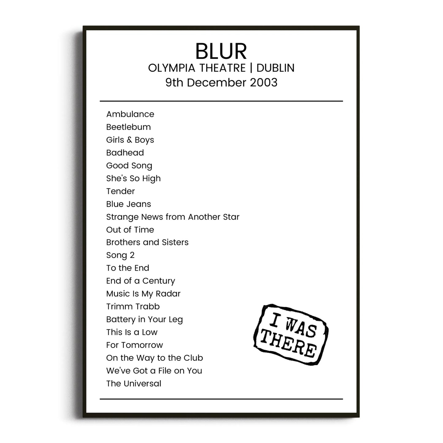 Blur Dublin 09 December 2003 Setlist Poster