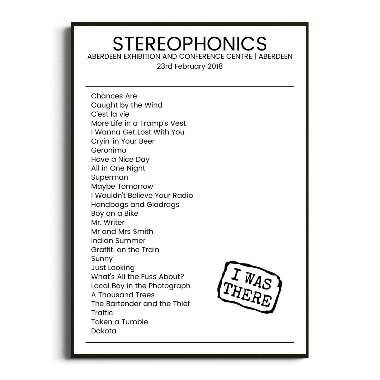 Stereophonics Aberdeen 23 February 2018 Setlist Poster