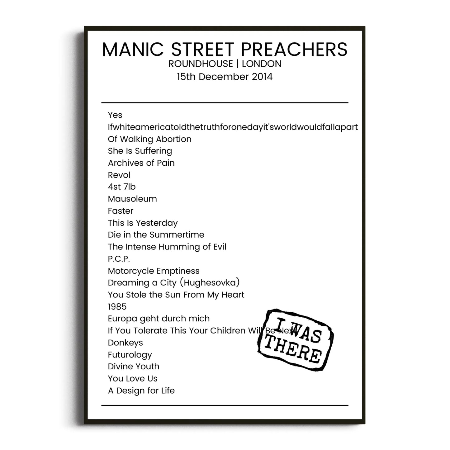 Manic Street Preachers London 15 December 2014 Setlist Poster