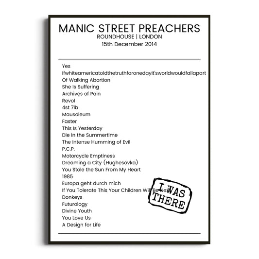 Manic Street Preachers London 15 December 2014 Setlist Poster