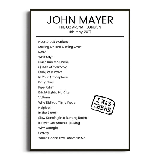 John Mayer London 11 May 2017 Setlist Poster