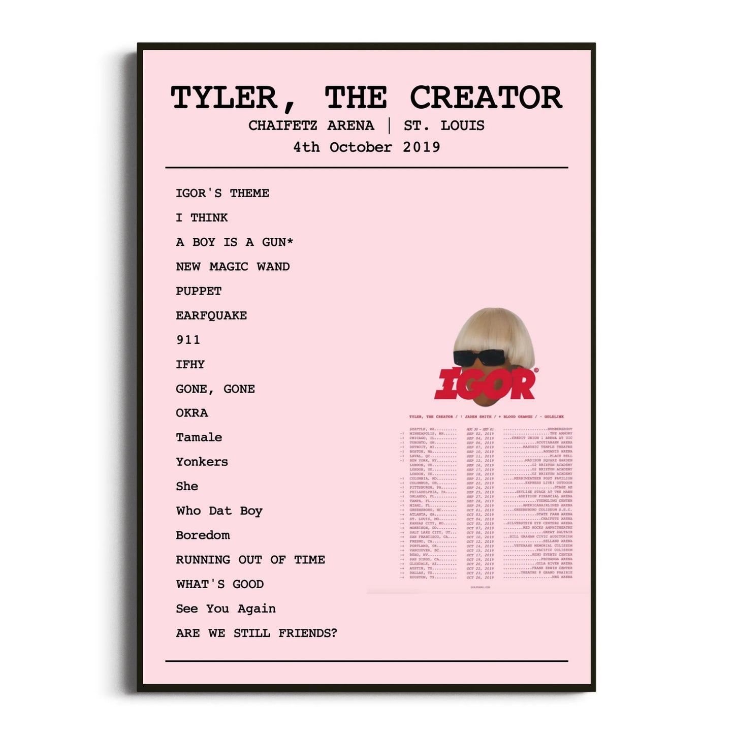 Tyler, The Creator St. Louis 04 October 2019 Setlist Poster