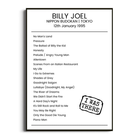 Billy Joel Tokyo 12 January 1995 Setlist Poster