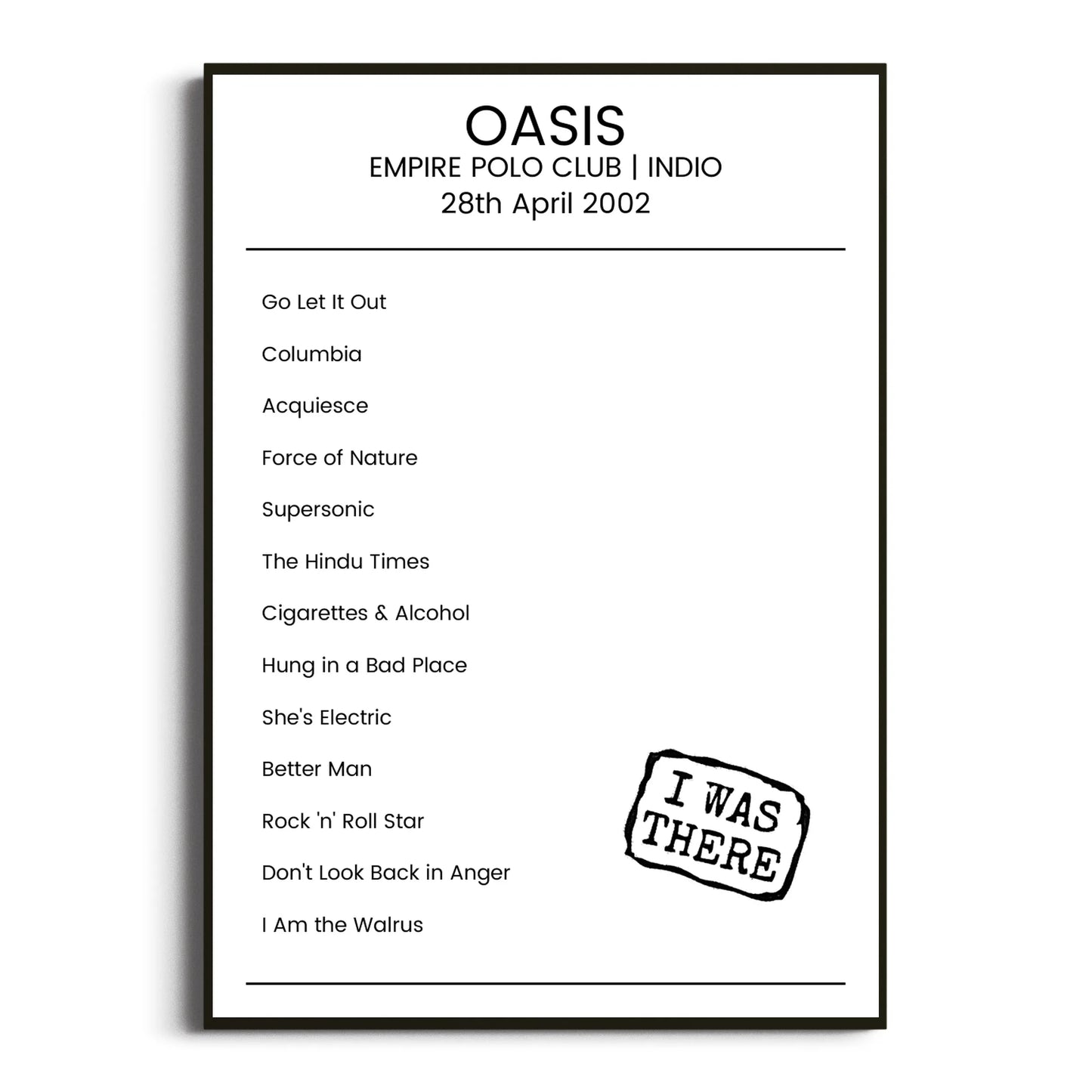 Oasis Indio 28 April 2002 Setlist Poster