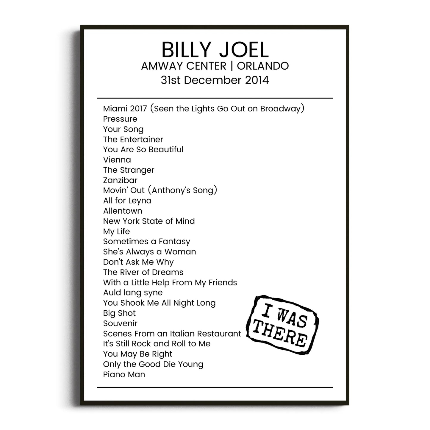 Billy Joel Orlando 31 December 2014 Setlist Poster