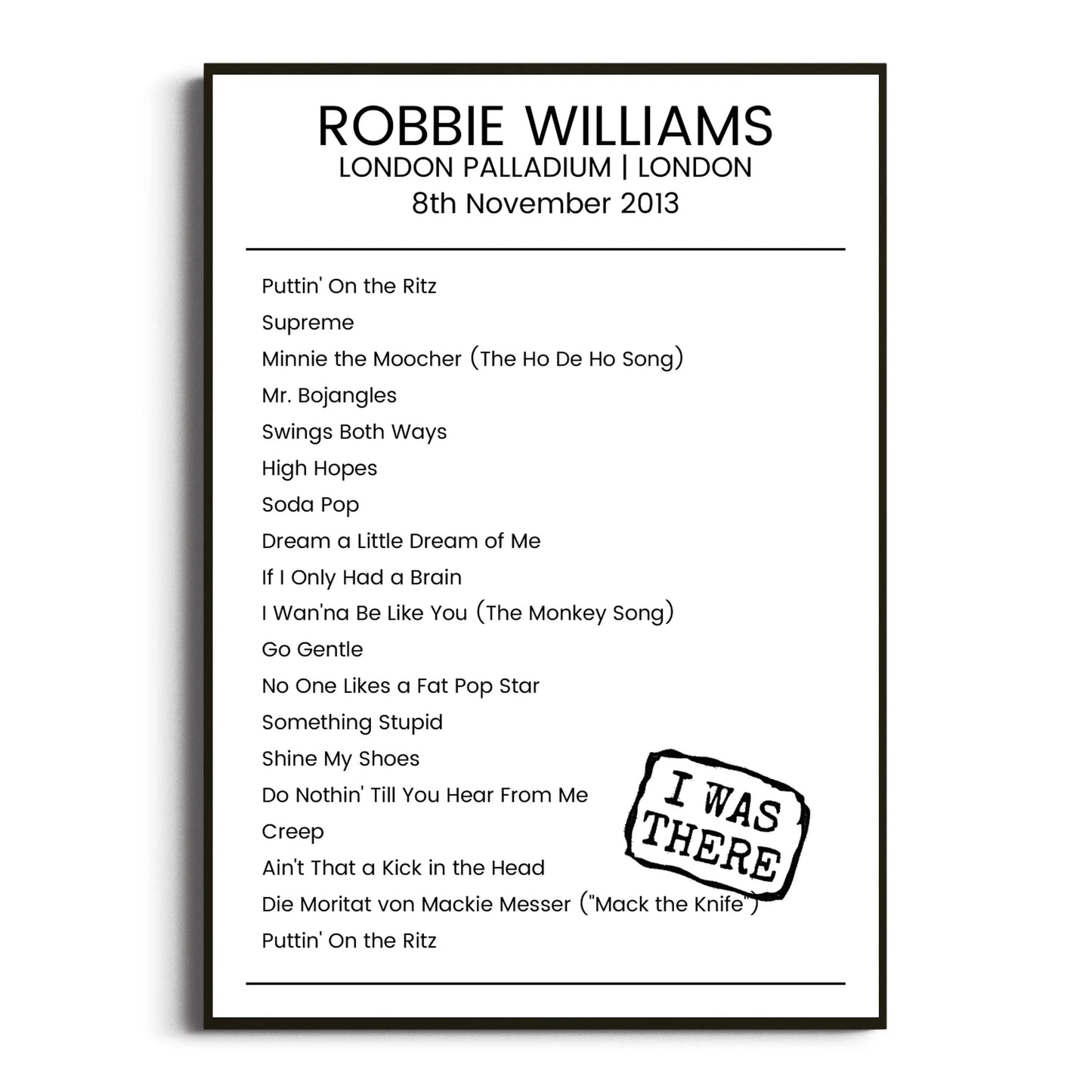 Robbie Williams London 08 November 2013 Setlist Poster