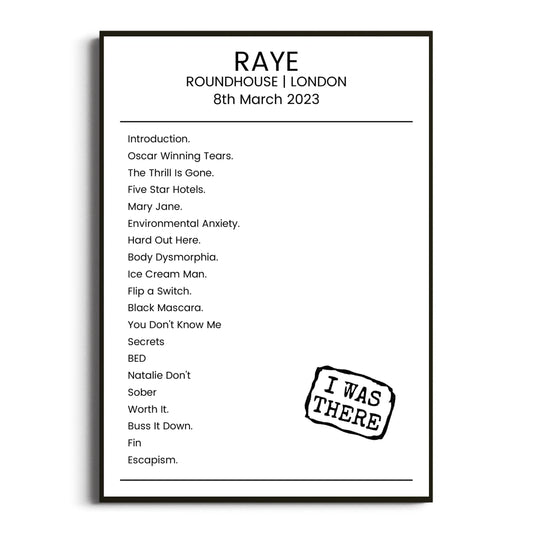 RAYE London 08 March 2023 Setlist Poster