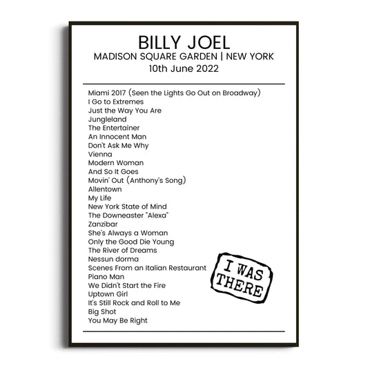 Billy Joel New York 10 June 2022 Setlist Poster