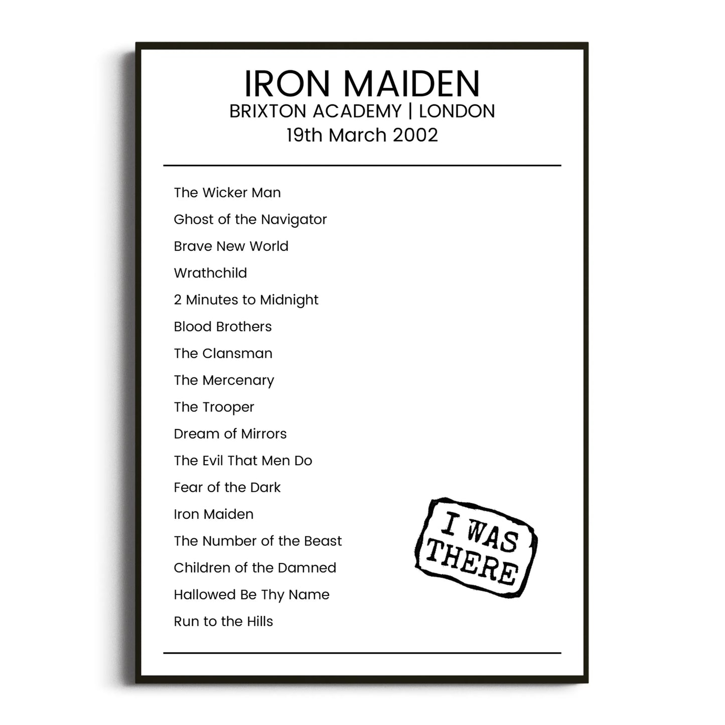 Iron Maiden London 19 March 2002 Setlist Poster