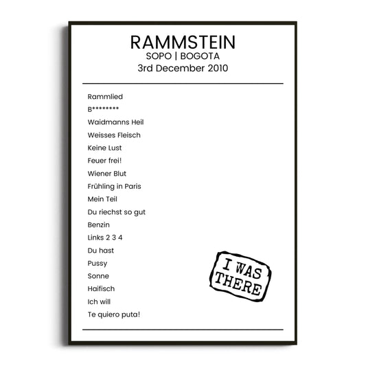 Rammstein Bogota 03 December 2010 Setlist Poster