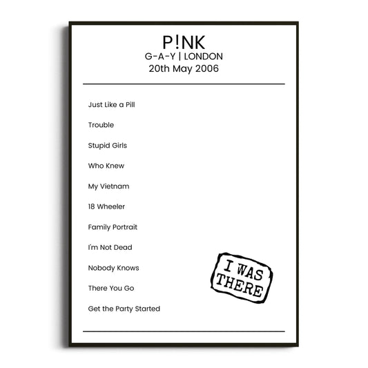 P!nk London 20 May 2006 Setlist Poster