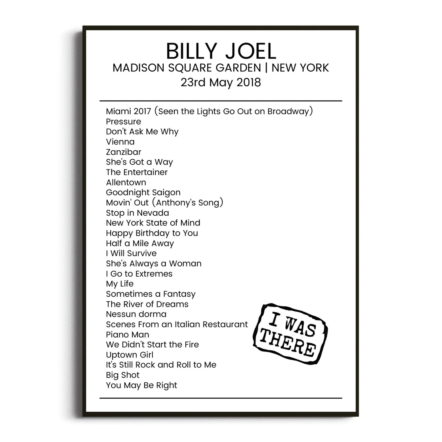 Billy Joel New York 23 May 2018 Setlist Poster