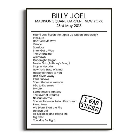 Billy Joel New York 23 May 2018 Setlist Poster