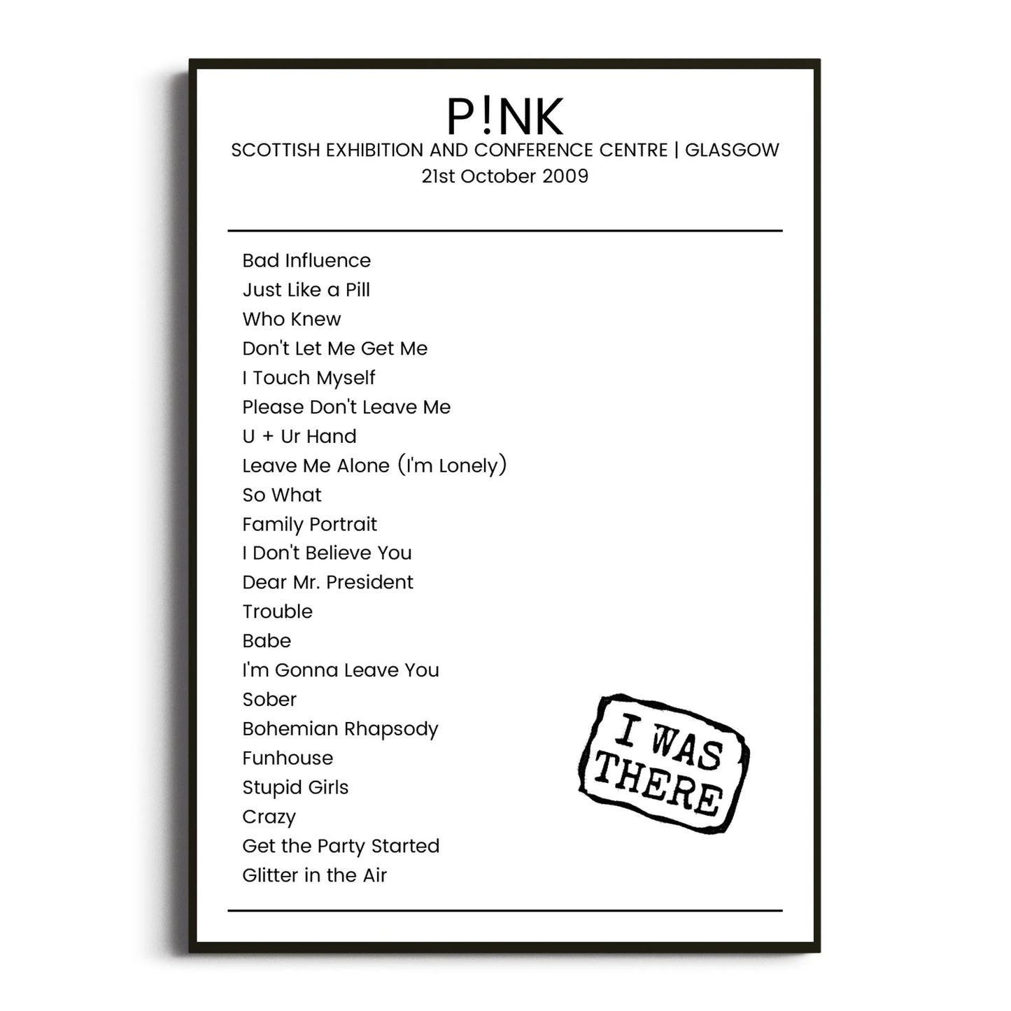 P!nk Glasgow 21 October 2009 Setlist Poster