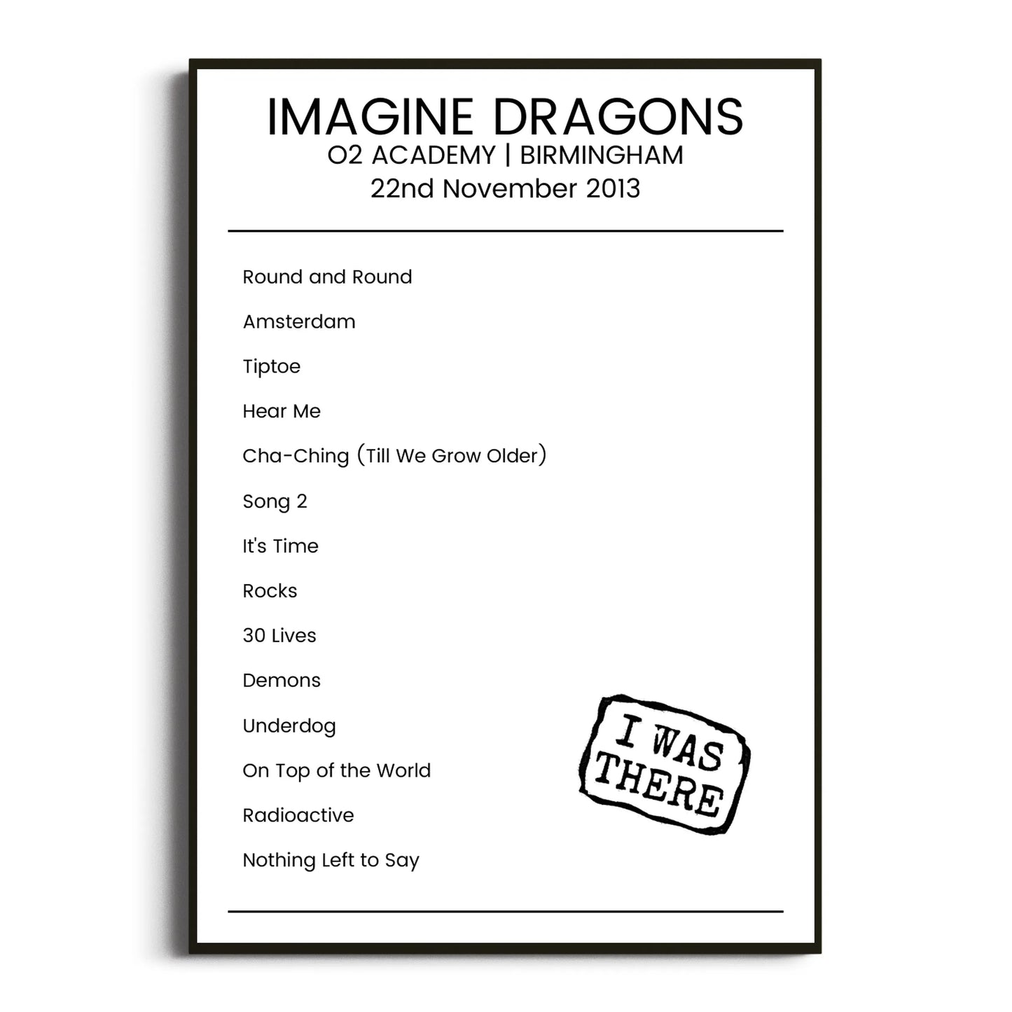 Imagine Dragons Birmingham 22 November 2013 Setlist Poster