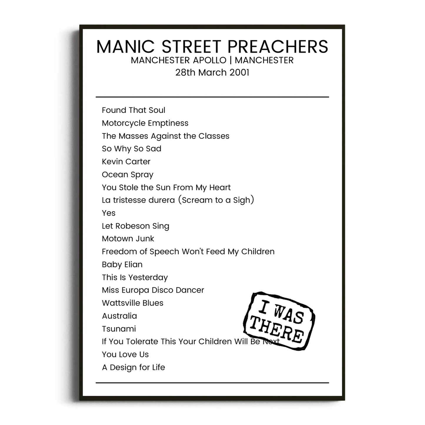 Manic Street Preachers Manchester 28 March 2001 Setlist Poster